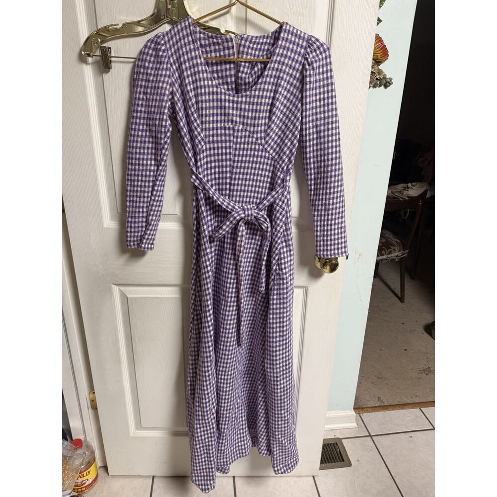 Vnt 70s Handmade Dress Gingham Maxi Cottagecore Flaws Purple Xs 32w Regency - Picture 2 of 10